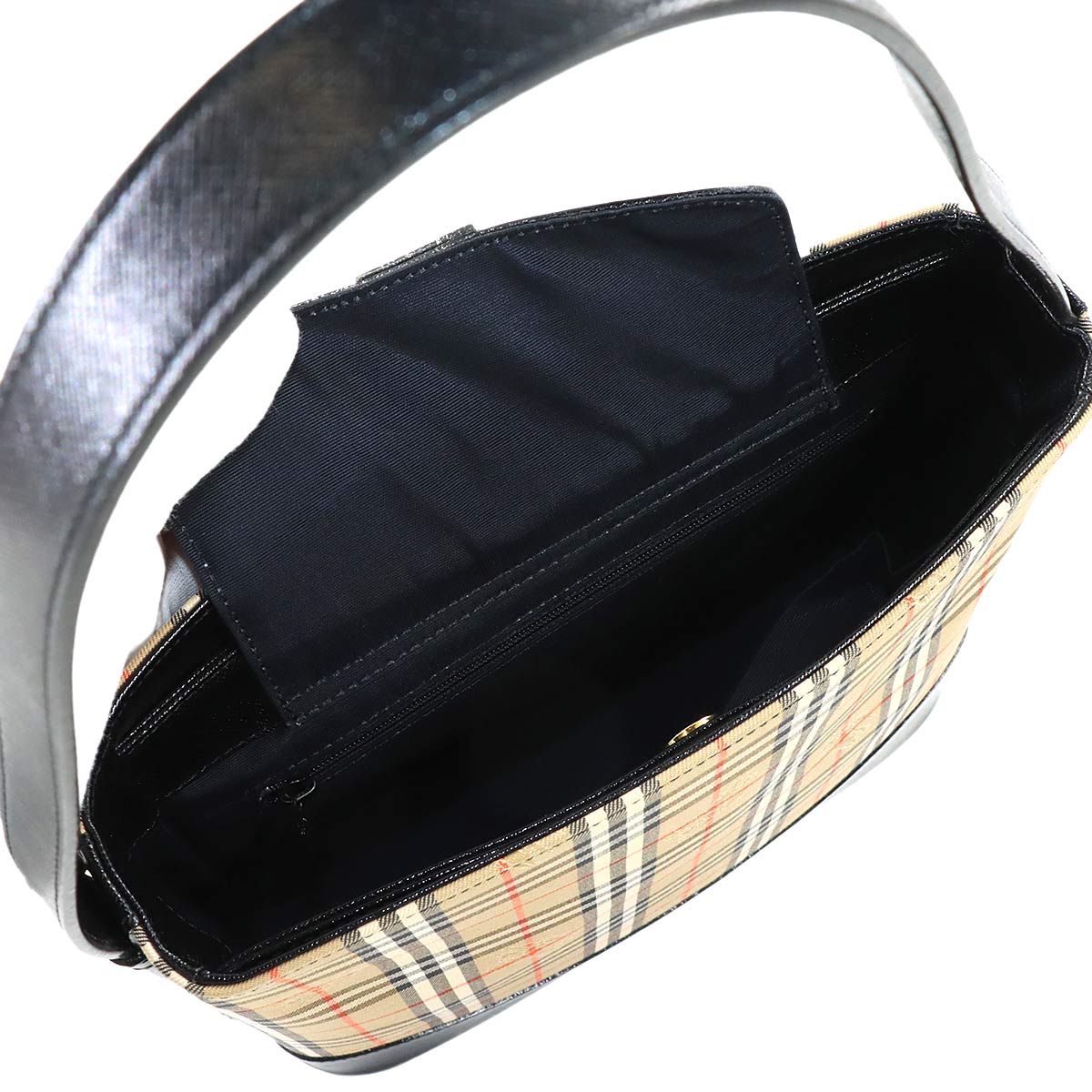 Plaid Shoulder Bag Canvas Leather Beige Black Haymarket