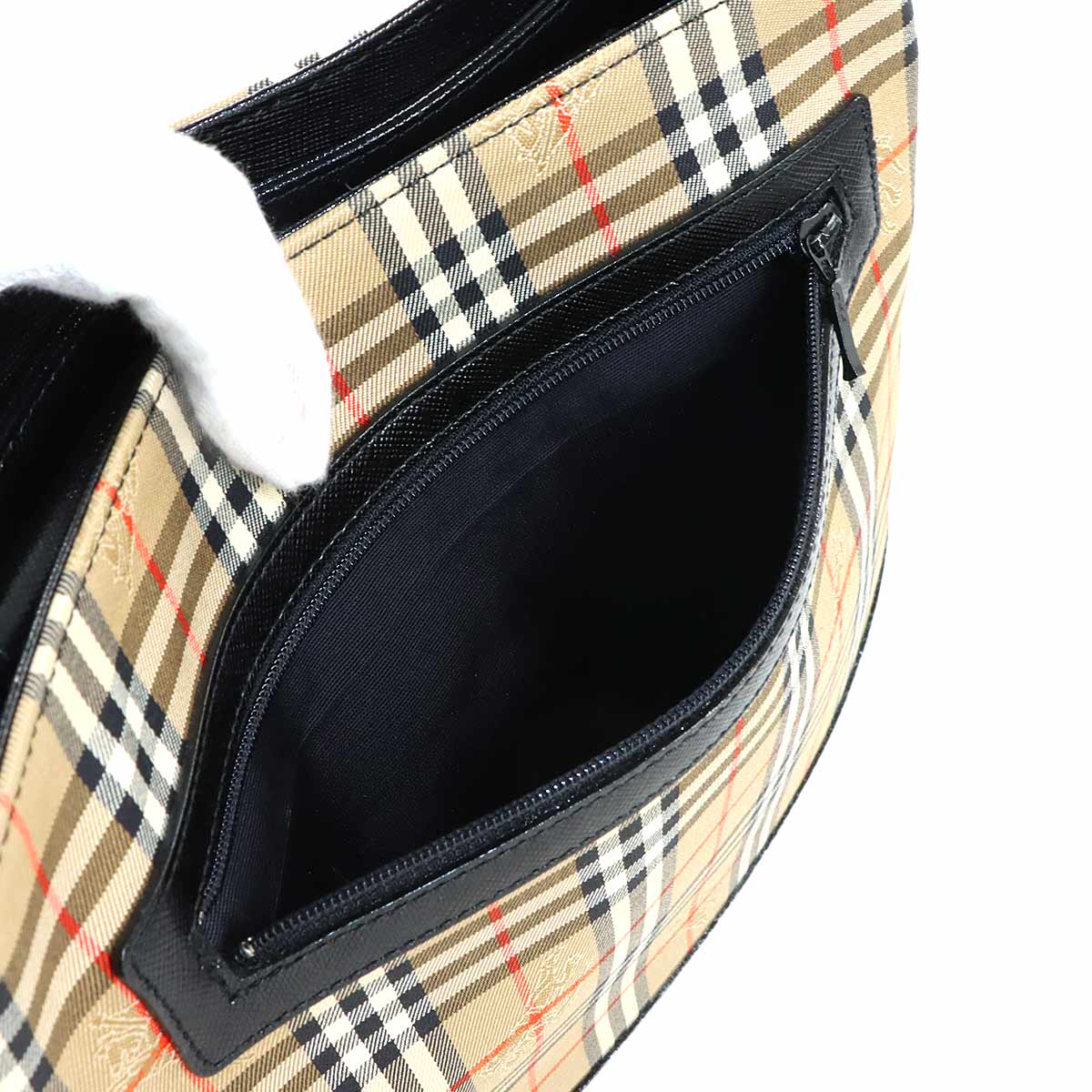 Plaid Shoulder Bag Canvas Leather Beige Black Haymarket