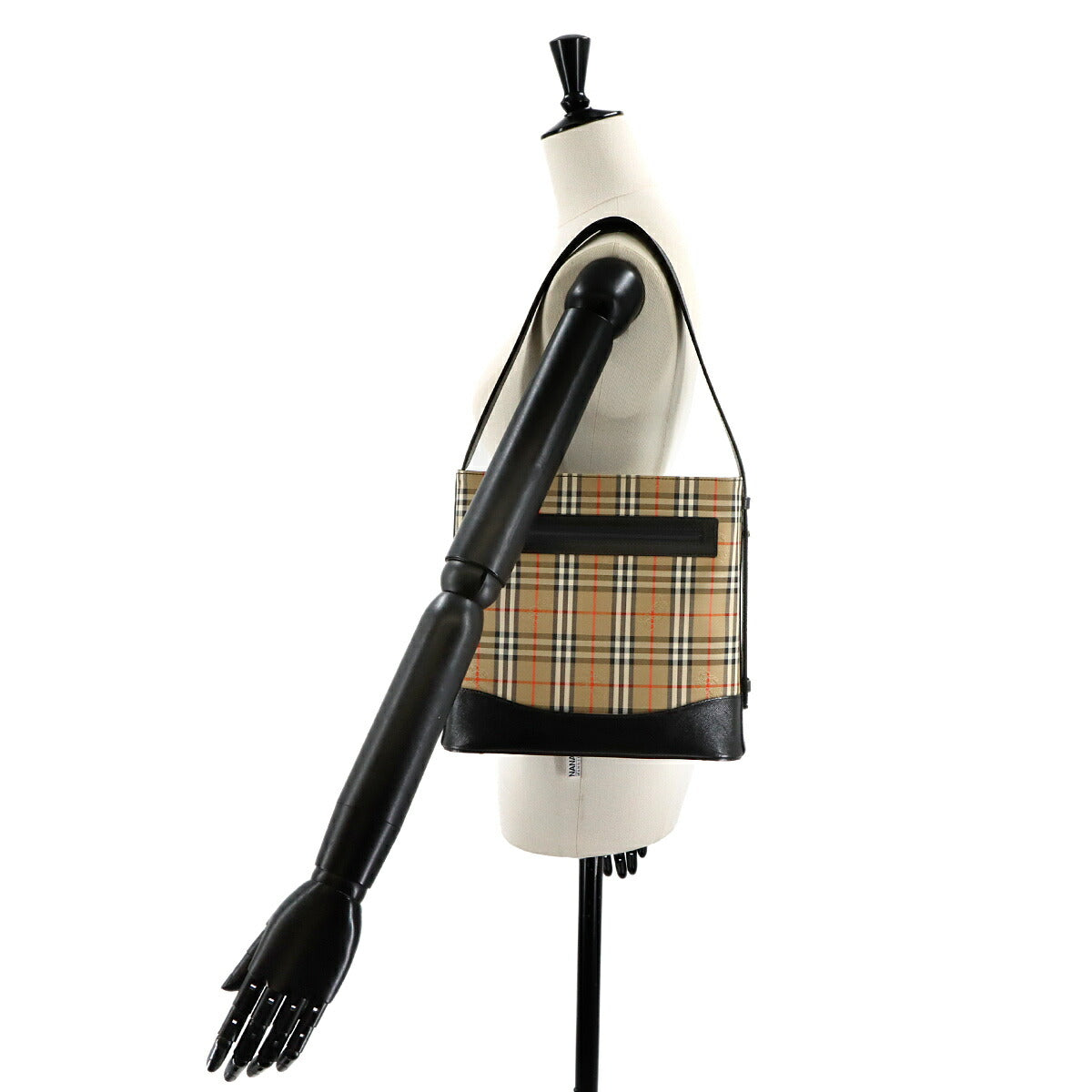 Plaid Shoulder Bag Canvas Leather Beige Black Haymarket