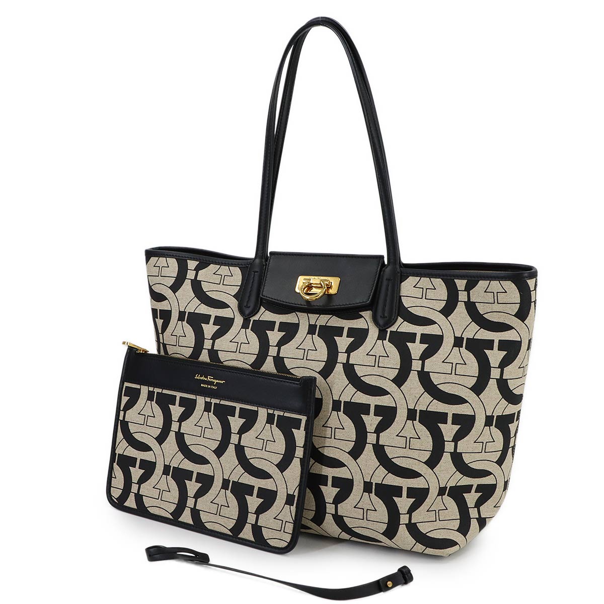 Tote Bag Canvas Leather Beige Black