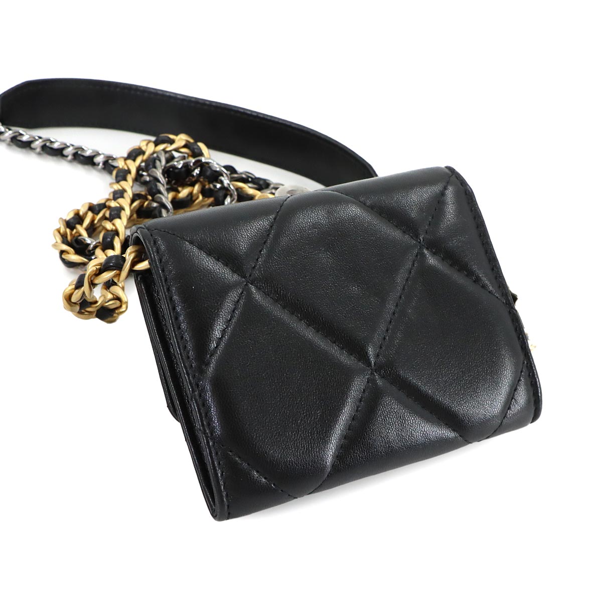 CHANEL 19 Flap Coin Purse Chain Coin case Leather Black AP1787
