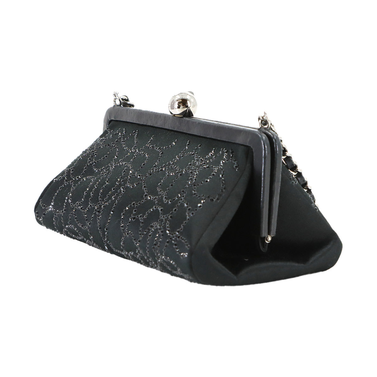 Chain Hand Bag Satin Rhinestone Leather Black Vintage