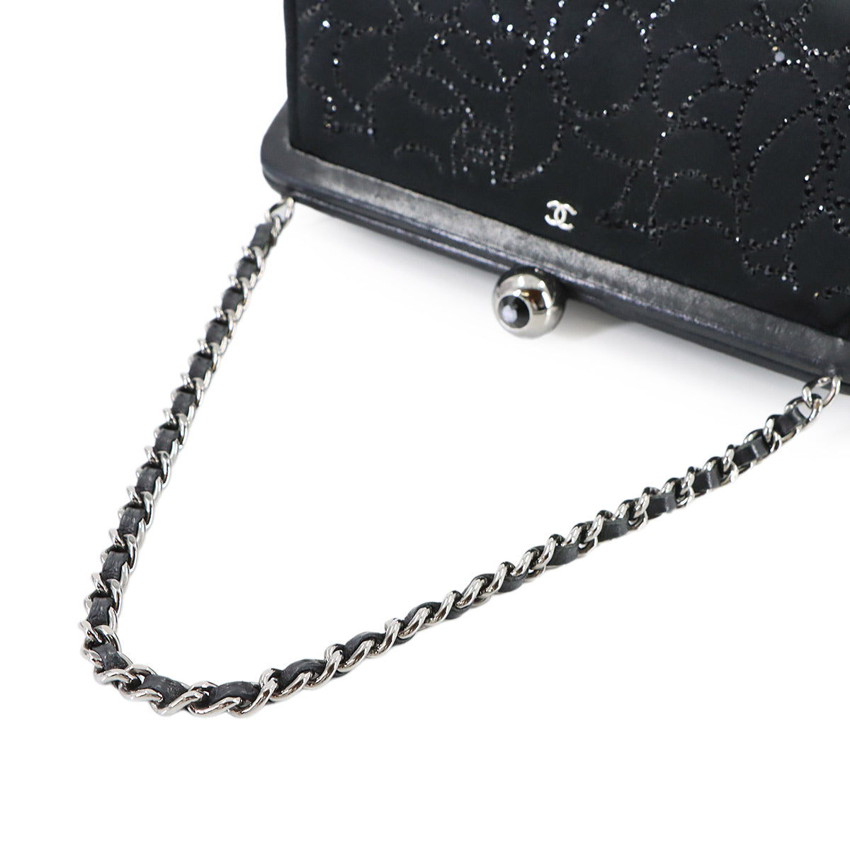 Chain Hand Bag Satin Rhinestone Leather Black Vintage