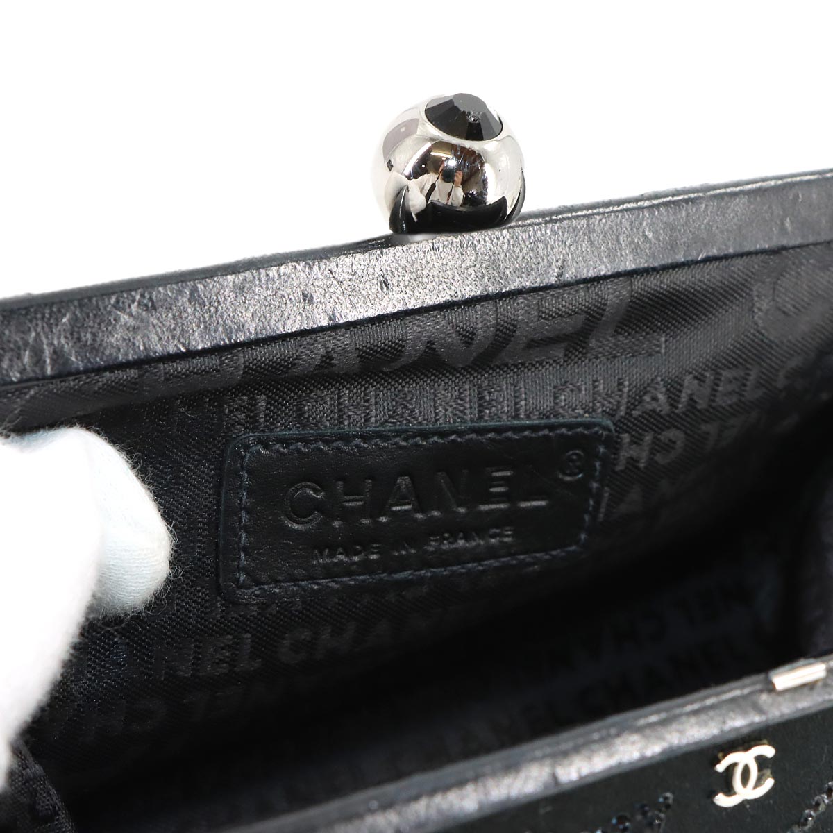 Chain Hand Bag Satin Rhinestone Leather Black Vintage