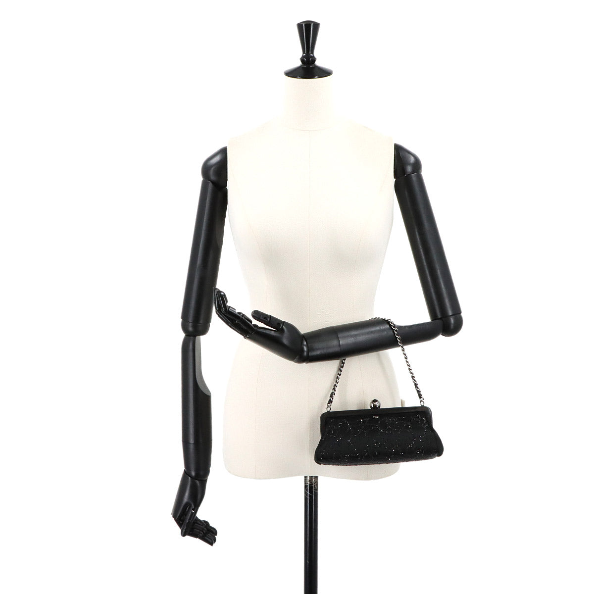 Chain Hand Bag Satin Rhinestone Leather Black Vintage