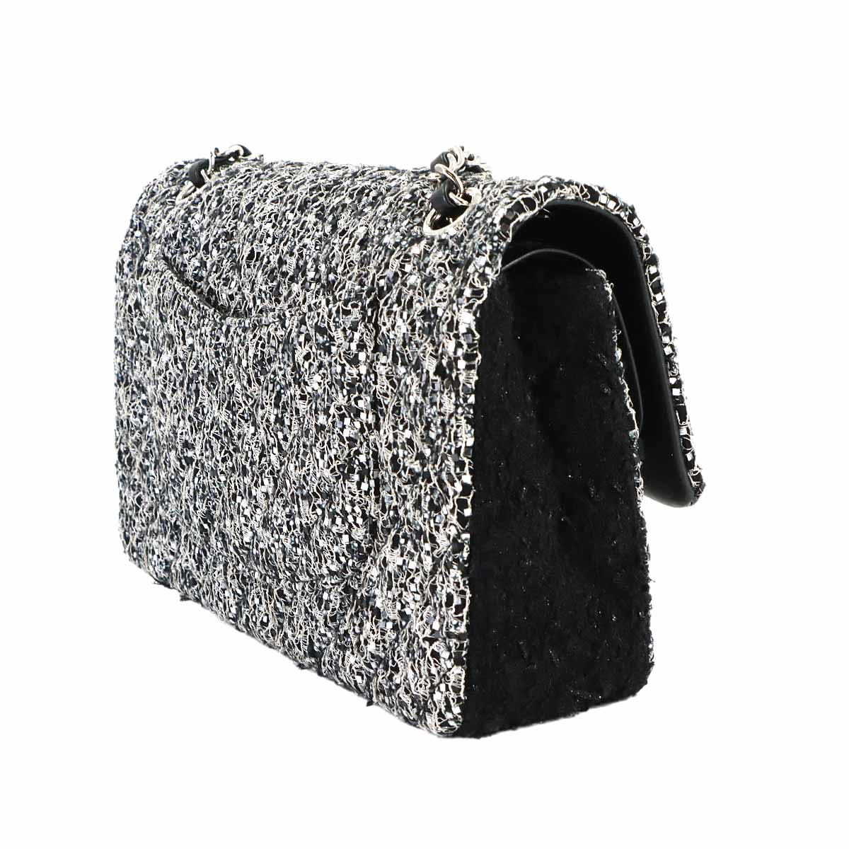 Matelasse Chain Shoulder Bag Tweed Sequins Black Gray A01112
