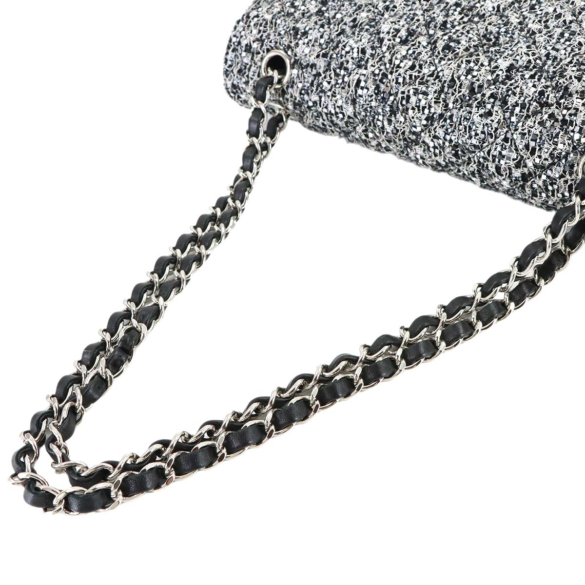 Matelasse Chain Shoulder Bag Tweed Sequins Black Gray A01112