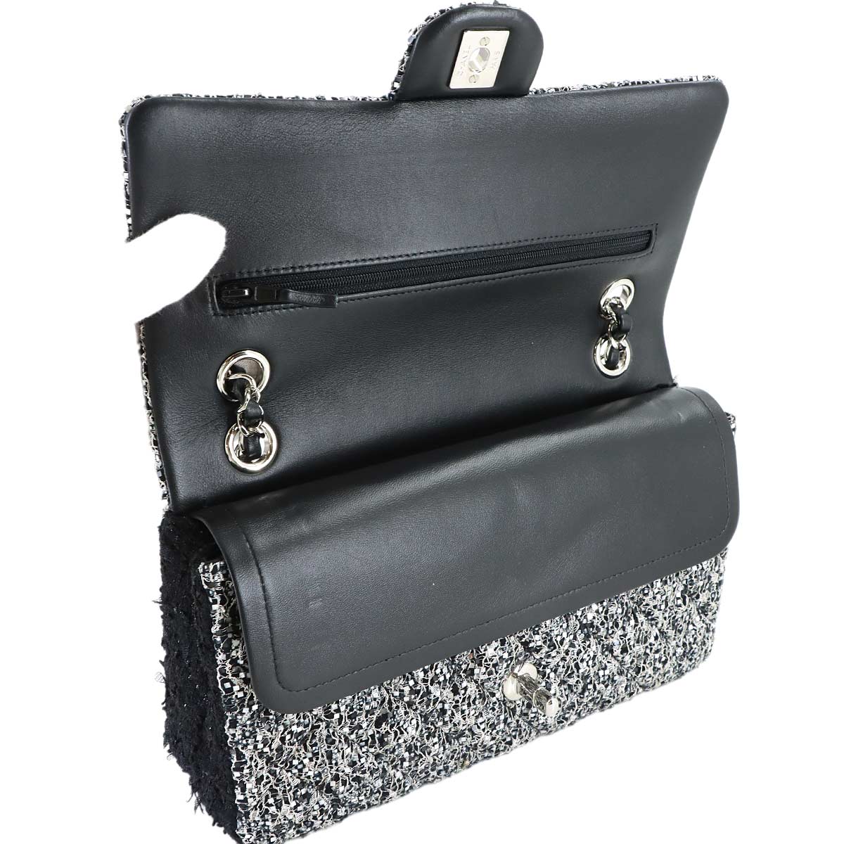 Matelasse Chain Shoulder Bag Tweed Sequins Black Gray A01112