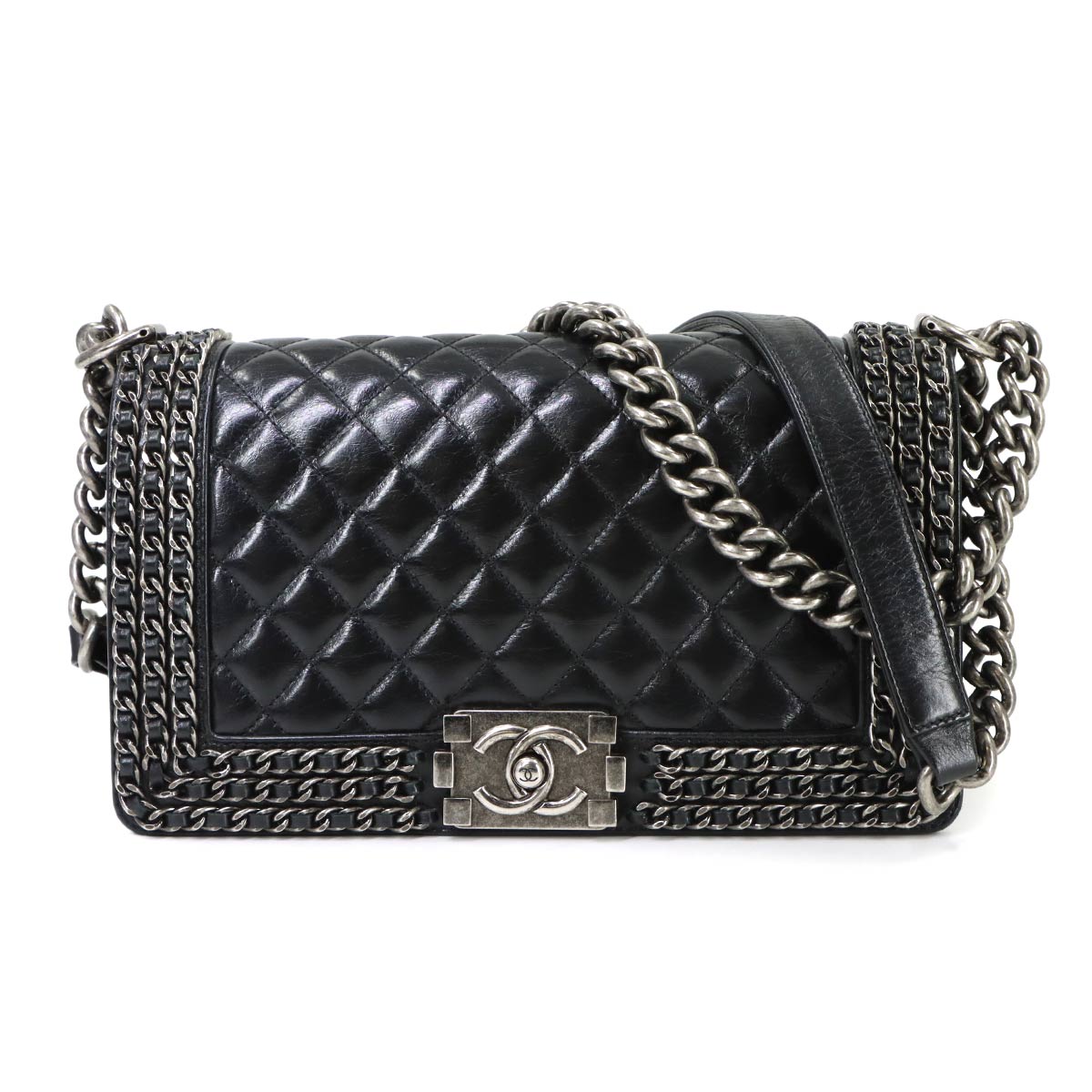 BOY CHANEL Chain Shoulder Bag Leather Black Purse