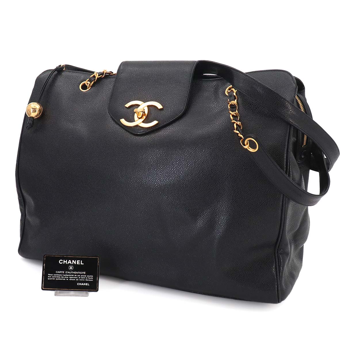 Super Model Chain Tote Bag Leather Black Vintage