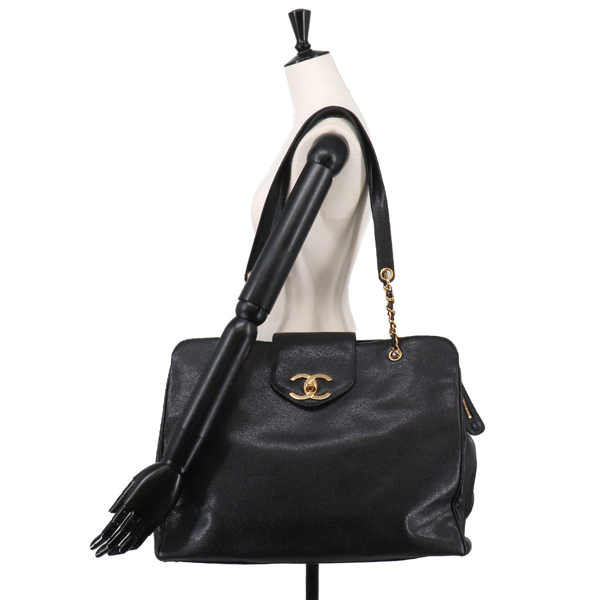 Super Model Chain Tote Bag Leather Black Vintage