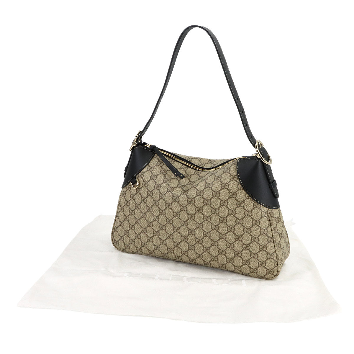 GG Emblem Large Shoulder Bag Leather Beige Black 815217