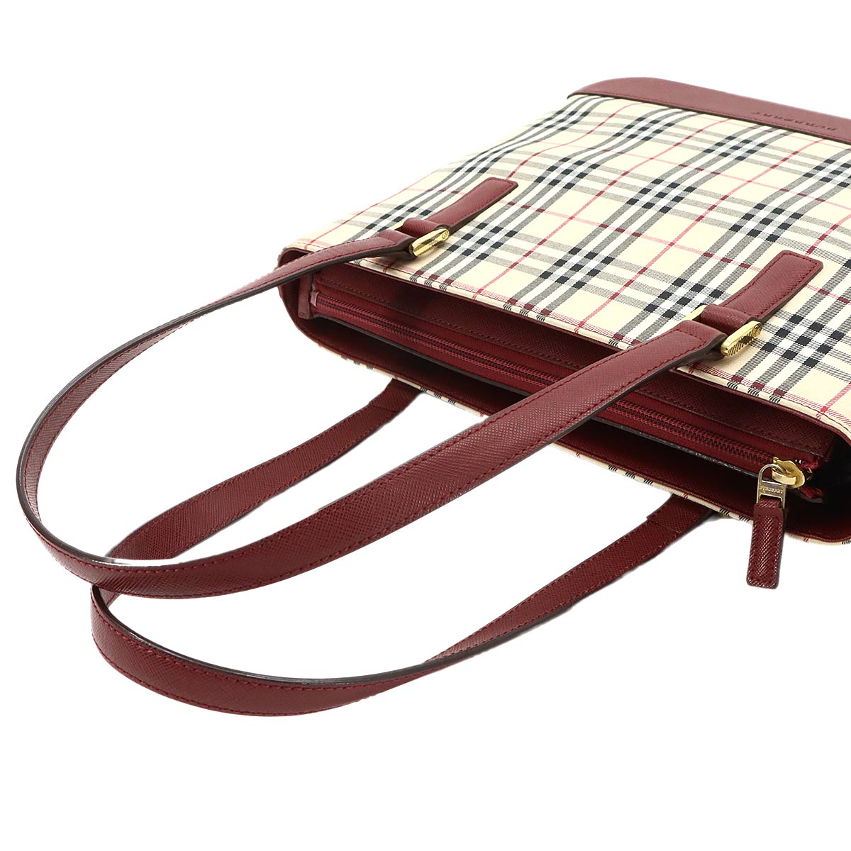 Hand Bag Canvas Leather Beige Bordeaux Purse