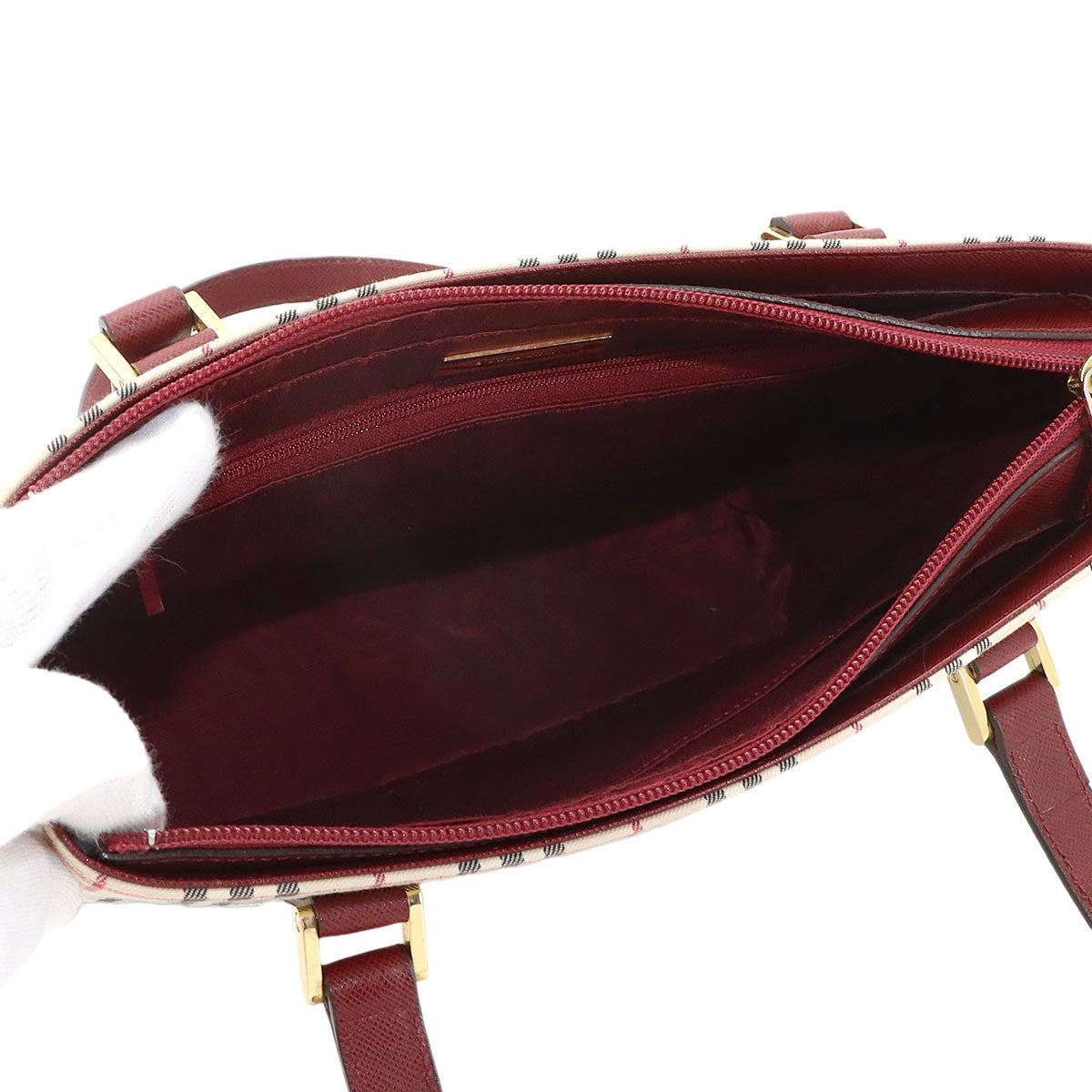Hand Bag Canvas Leather Beige Bordeaux Purse