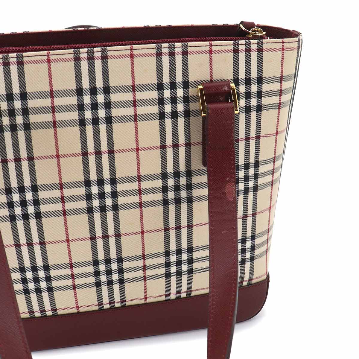 Plaid Hand Bag Canvas Leather Beige Bordeaux Purse