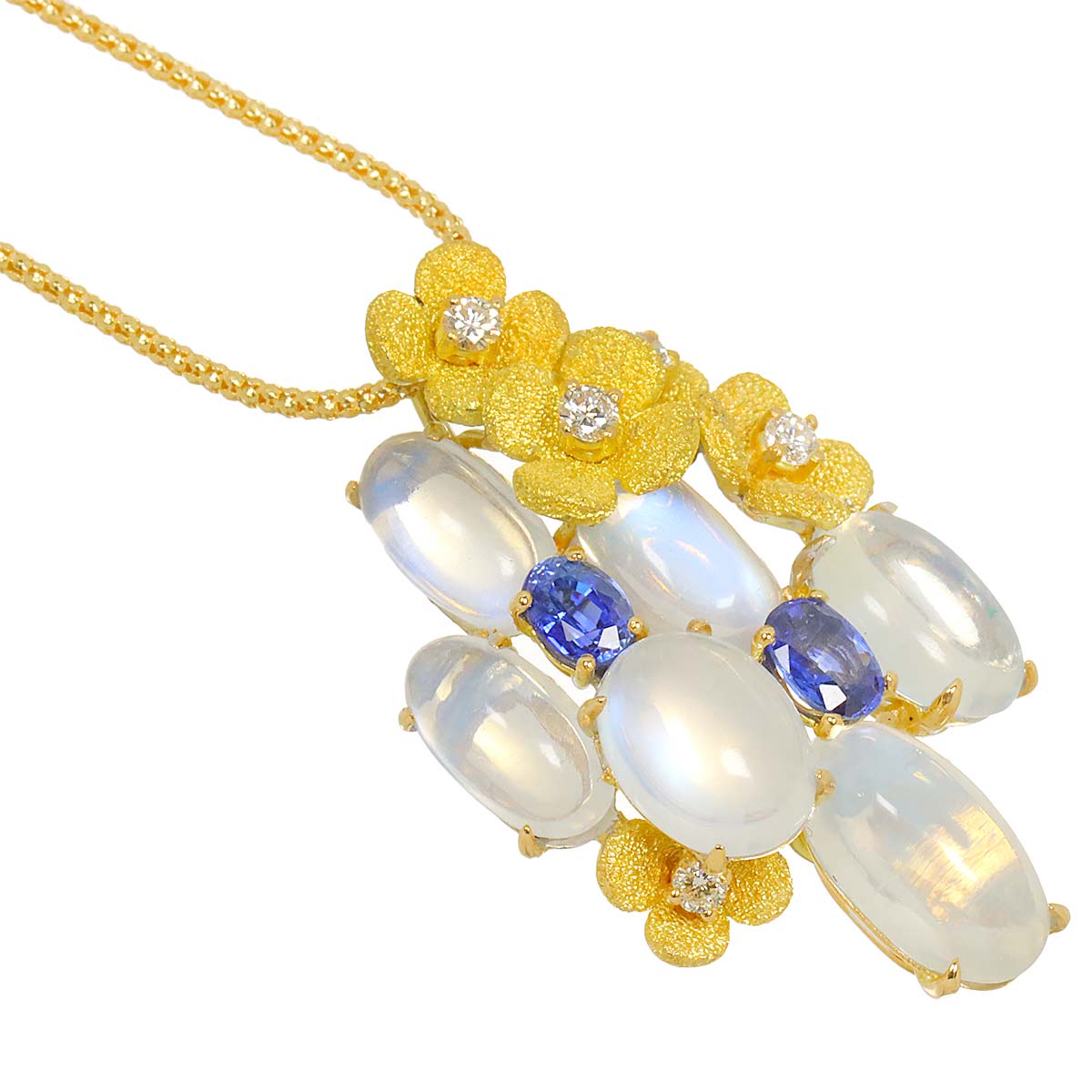 Moon Stone 14.50ct Sapphire Diamond Necklace 18K YG 750