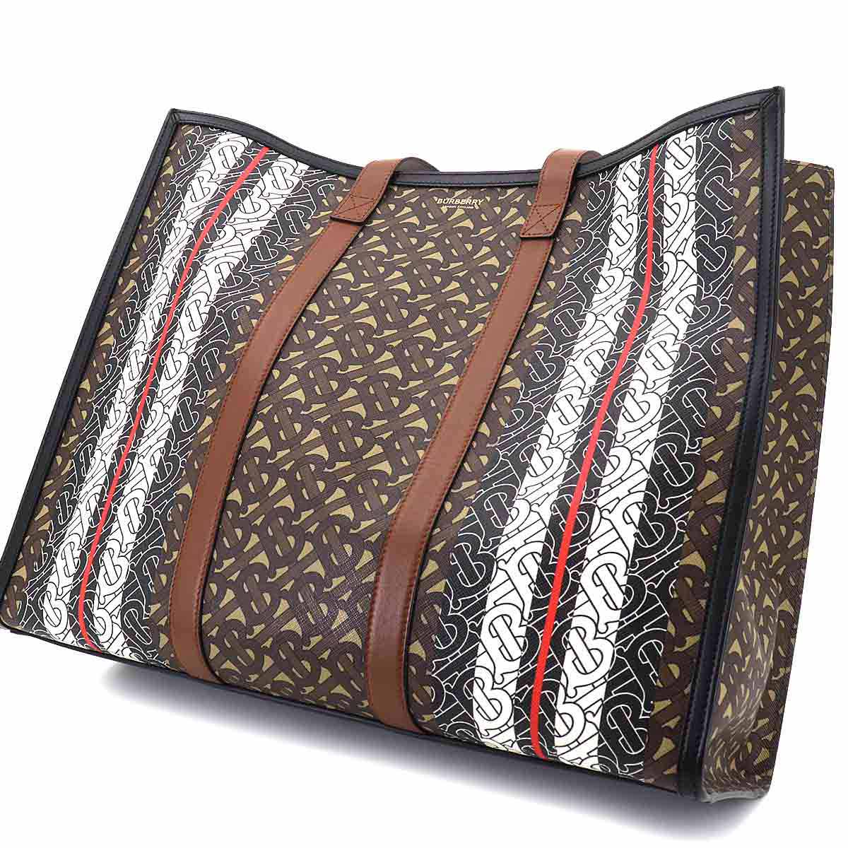 TB Monogram Stripe Tote Bag PVC Leather Brown