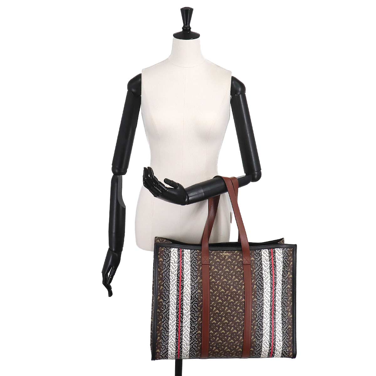 TB Monogram Stripe Tote Bag PVC Leather Brown