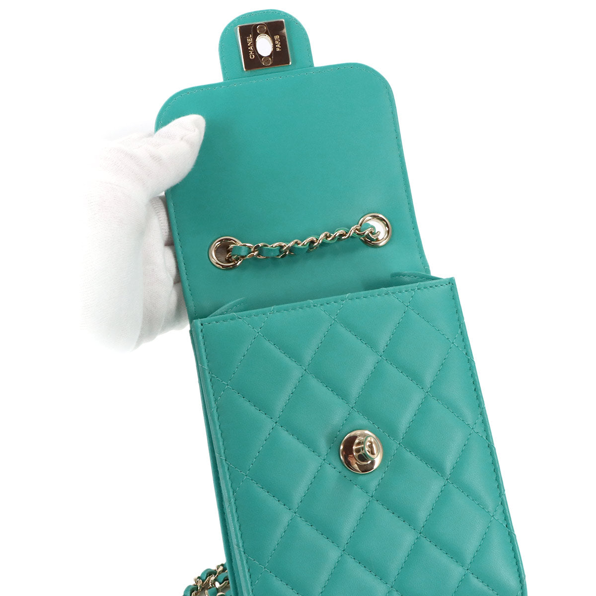 Matelasse Phone Case Shoulder Bag Leather Green Purse