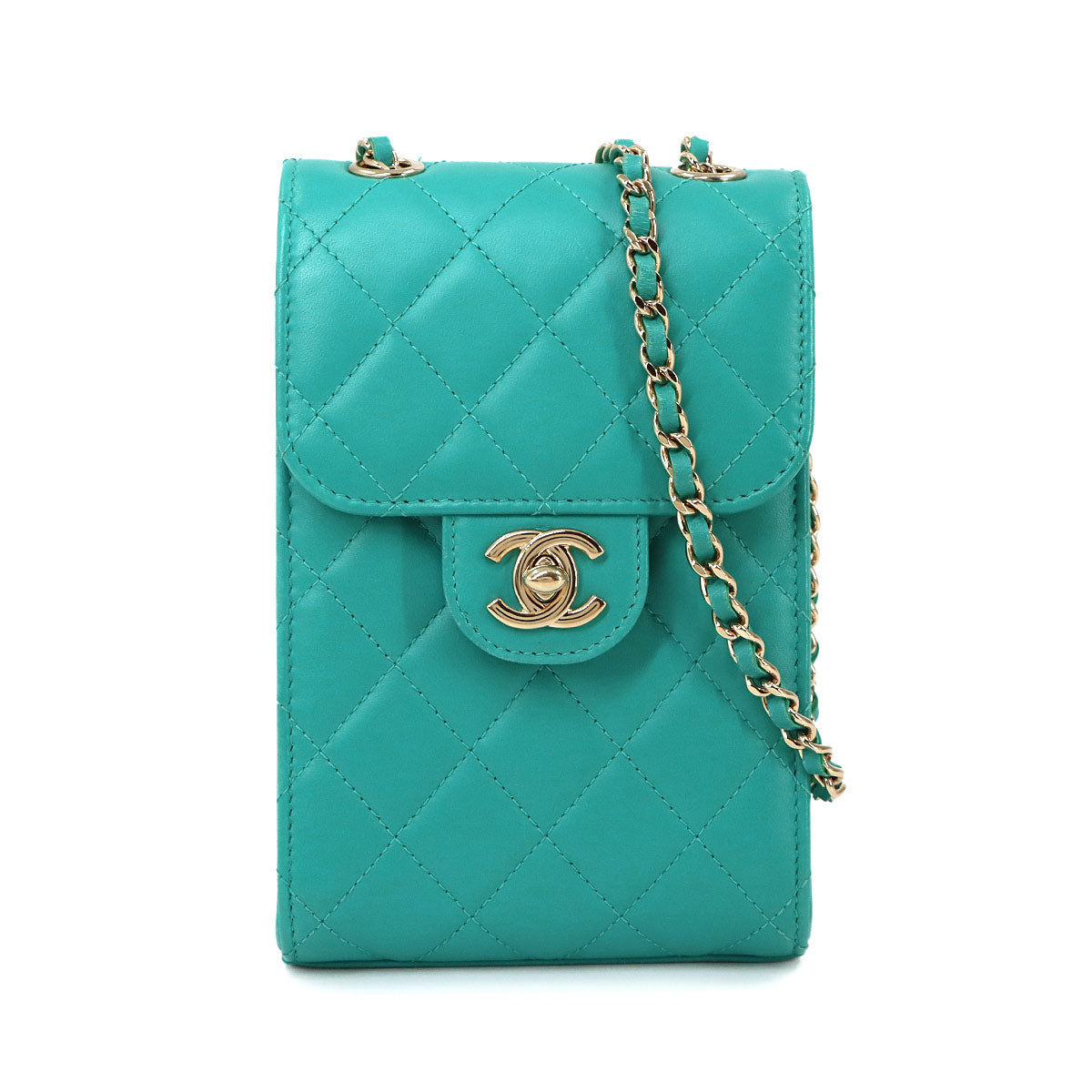 Matelasse Phone Case Shoulder Bag Leather Green Purse