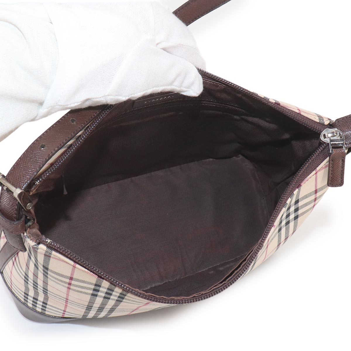 Shoulder Bag Canvas Leather Beige Brown Plaid Purse
