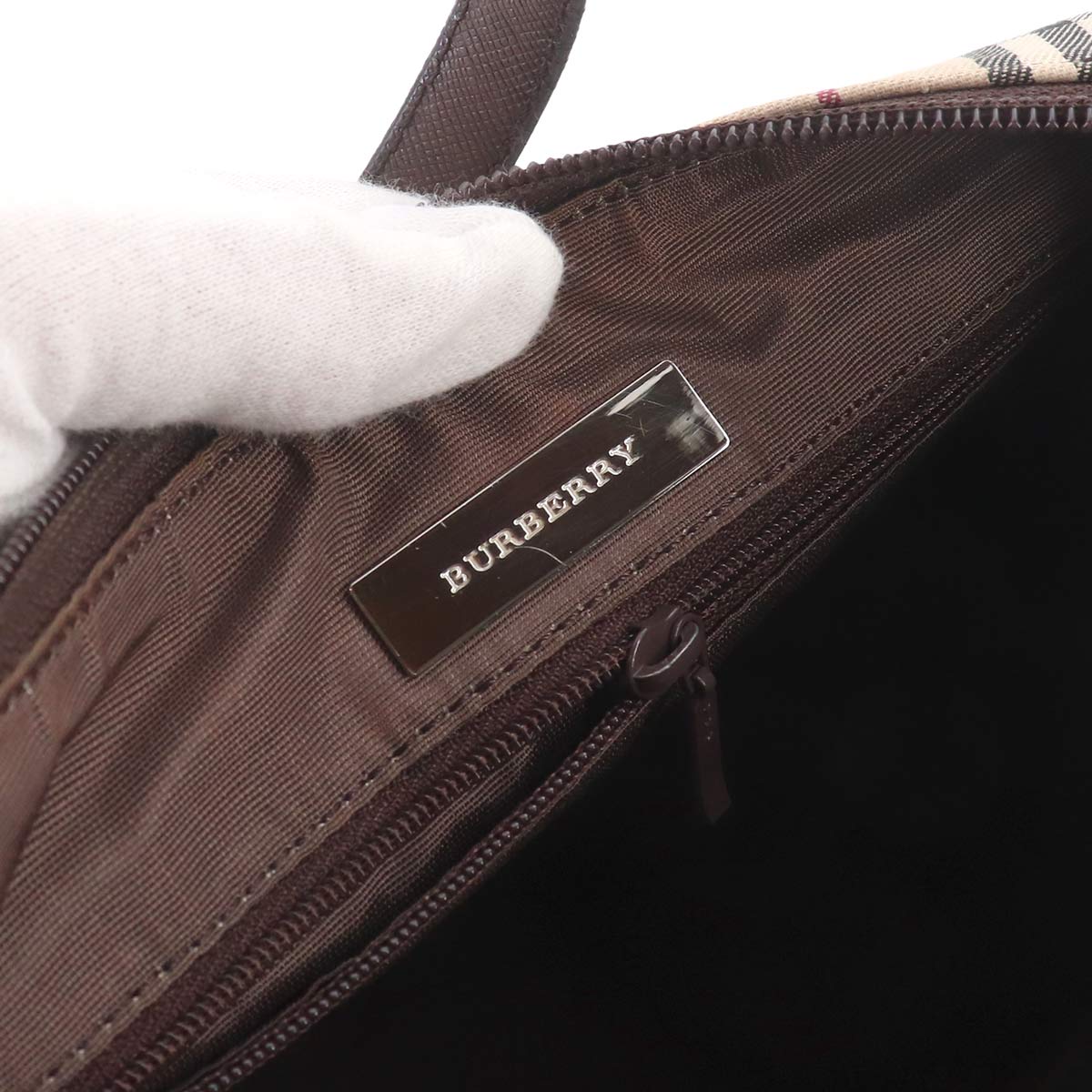 Shoulder Bag Canvas Leather Beige Brown Plaid Purse