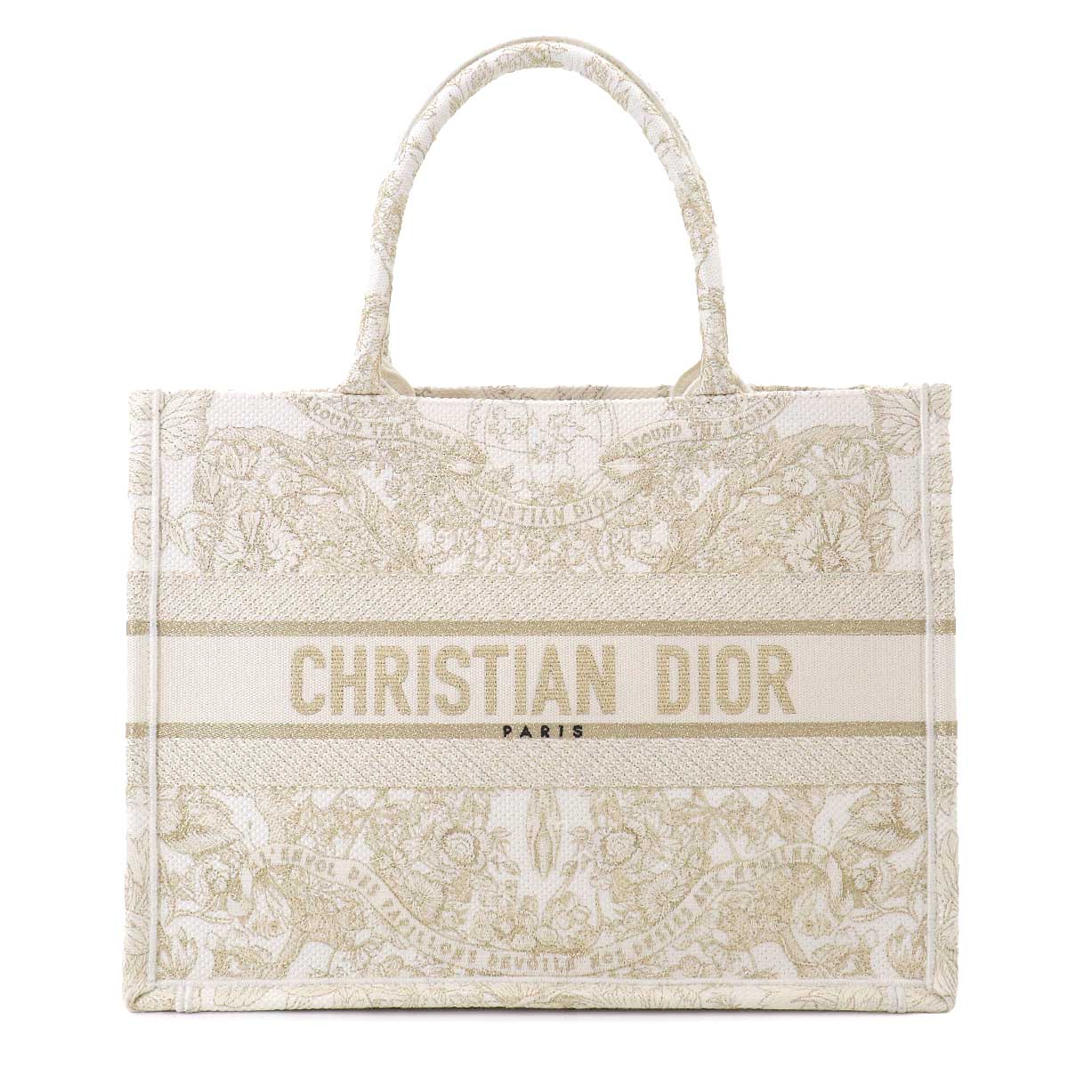 Book Tote Bag Medium Canvas White Gold Embroidery