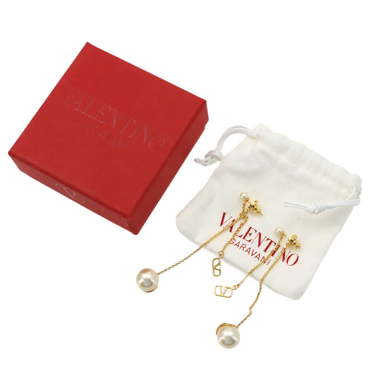 V Logos Faux Pearl Swing Earrings Gold White