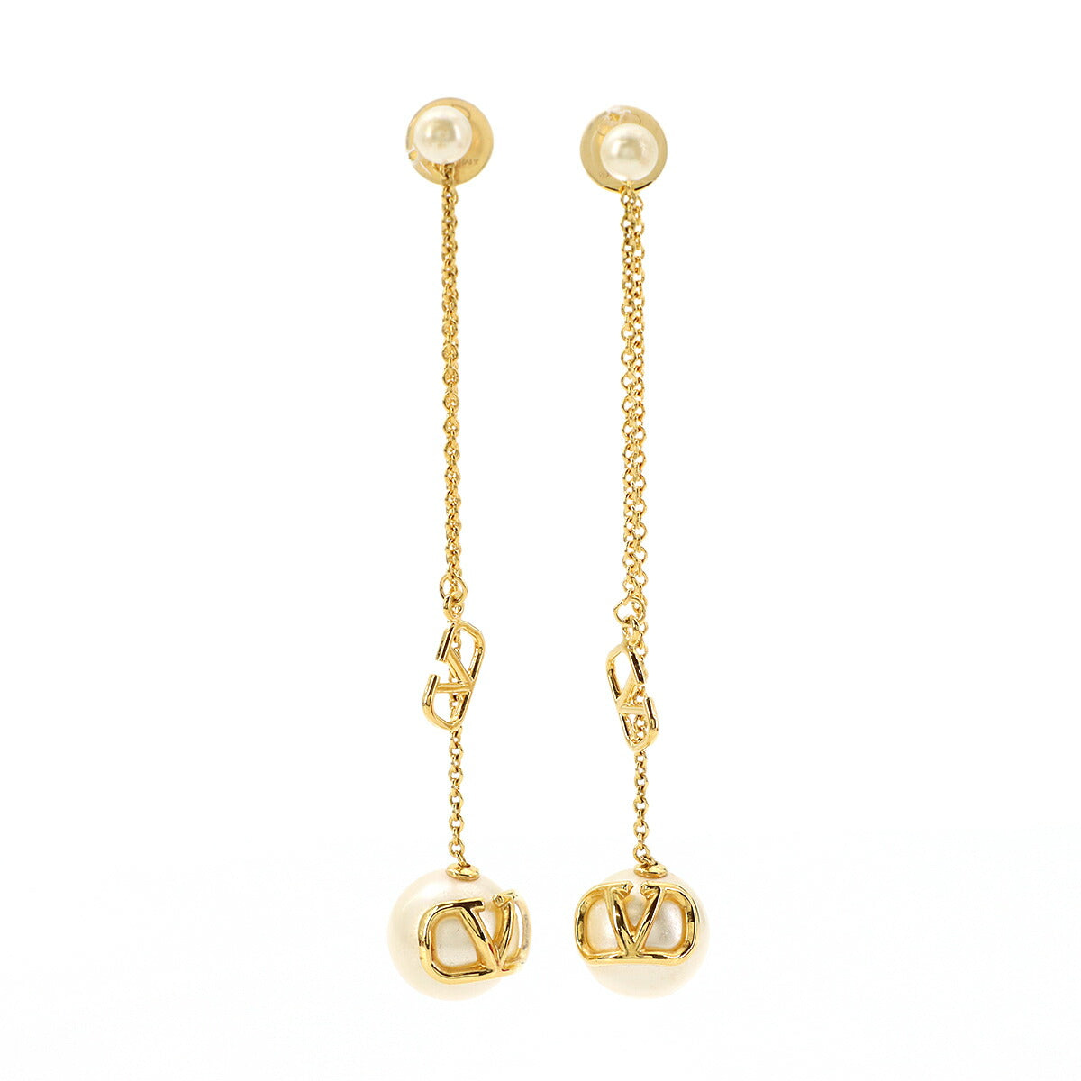 V Logos Faux Pearl Swing Earrings Gold White