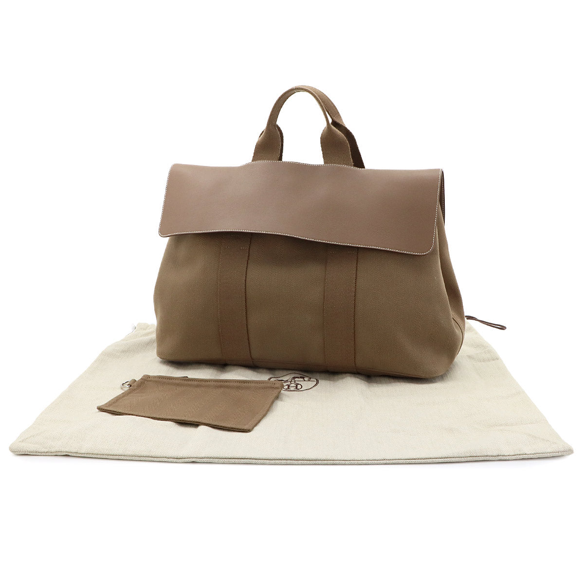 Valparaiso MM Hand Bag Toile Chevron Leather Etoupe Purse