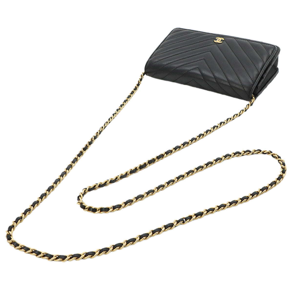 Chevron Chain Wallet Leather Black A33814 V stitch Purse