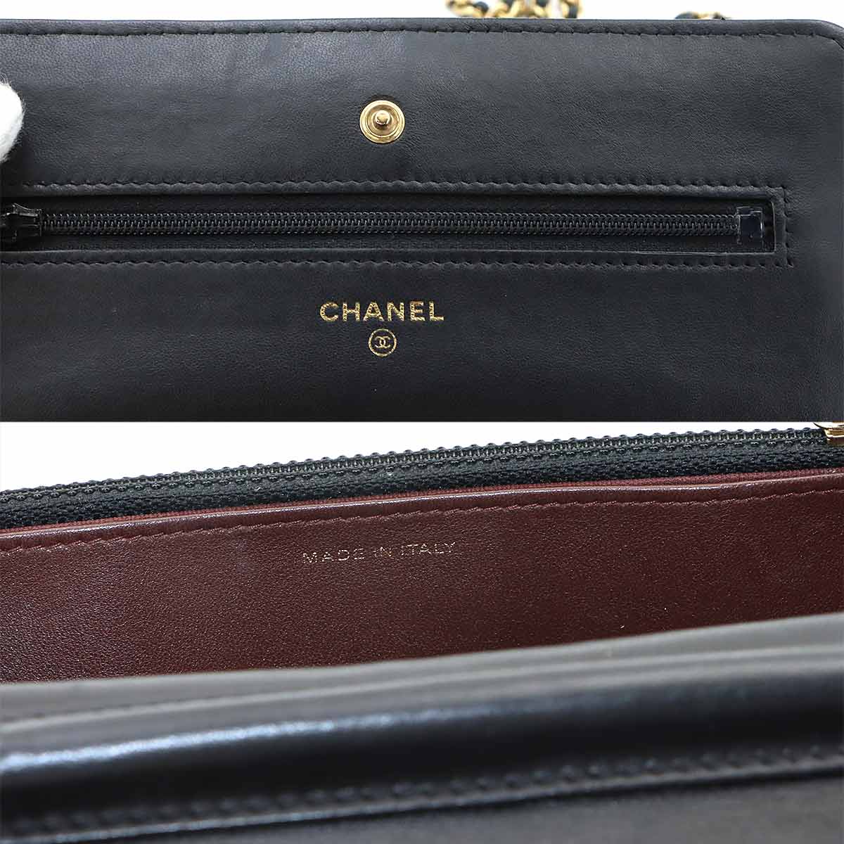 Chevron Chain Wallet Leather Black A33814 V stitch Purse