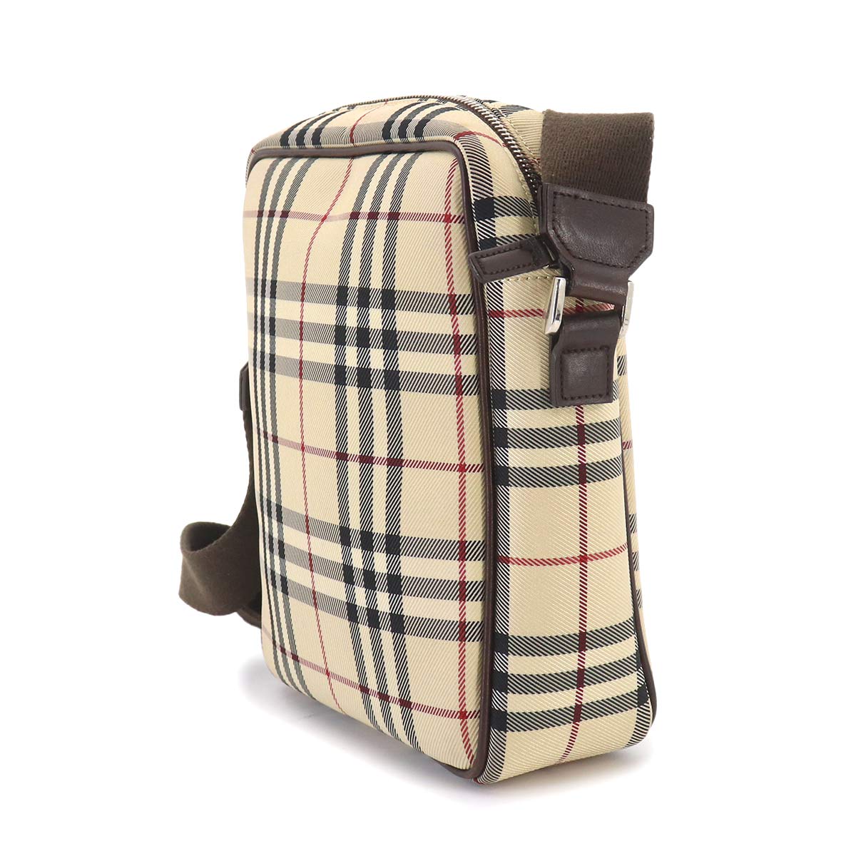 Plaid Shoulder Bag Canvas Leather Beige Brown Purse