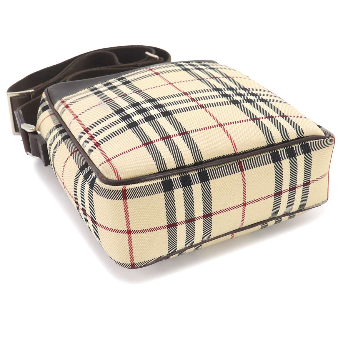 Plaid Shoulder Bag Canvas Leather Beige Brown Purse