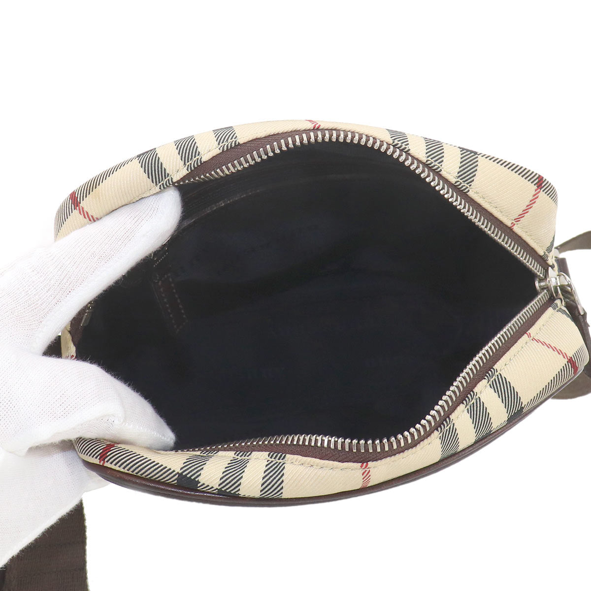 Plaid Shoulder Bag Canvas Leather Beige Brown Purse