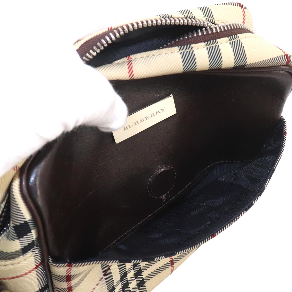 Plaid Shoulder Bag Canvas Leather Beige Brown Purse