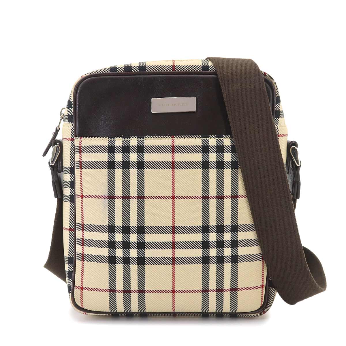 Plaid Shoulder Bag Canvas Leather Beige Brown Purse