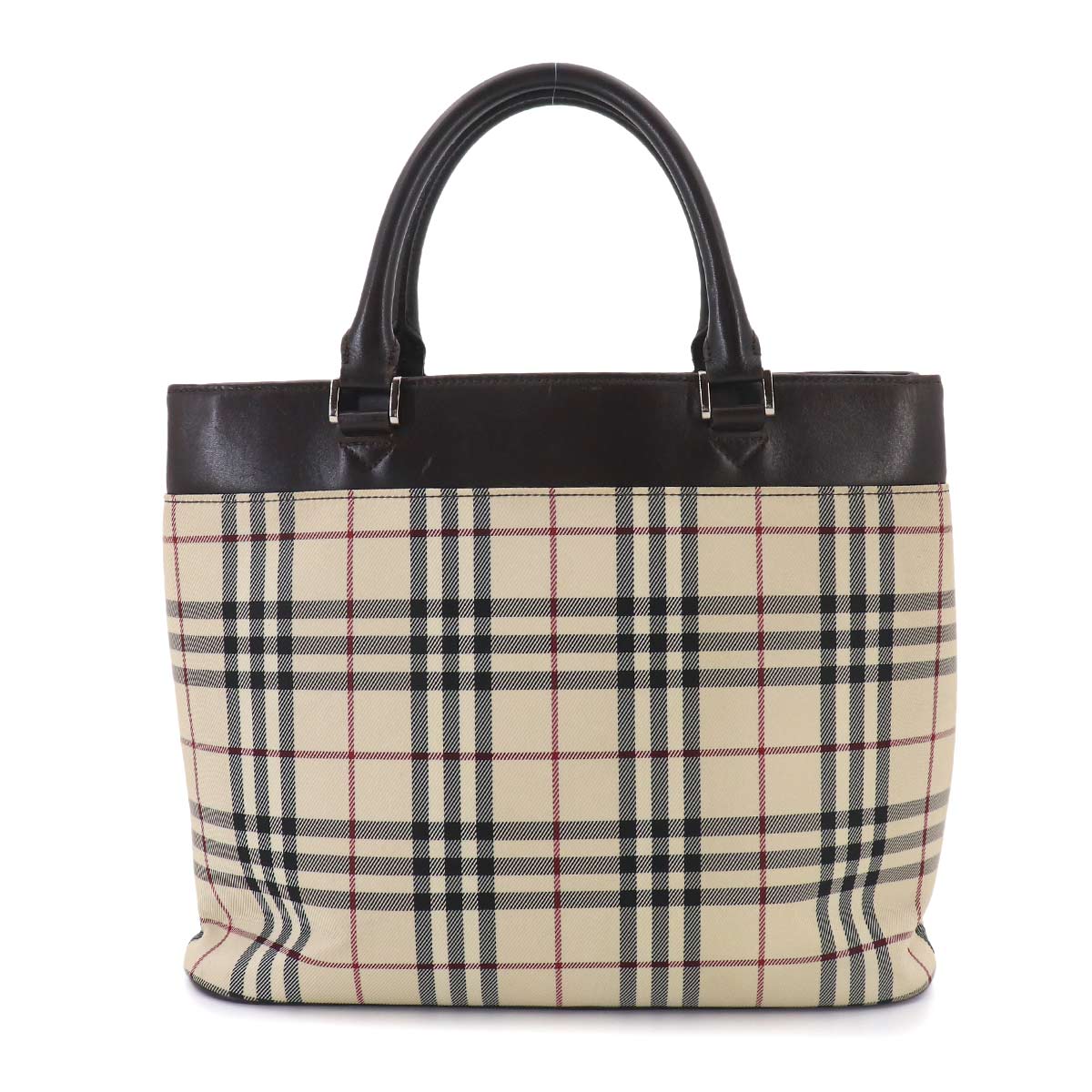 Plaid Hand Bag Canvas Leather Beige Dark brown Purse