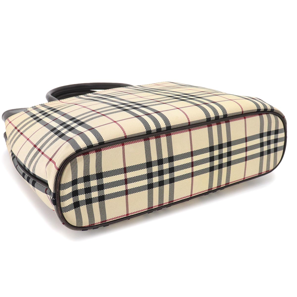 Plaid Hand Bag Canvas Leather Beige Dark brown Purse