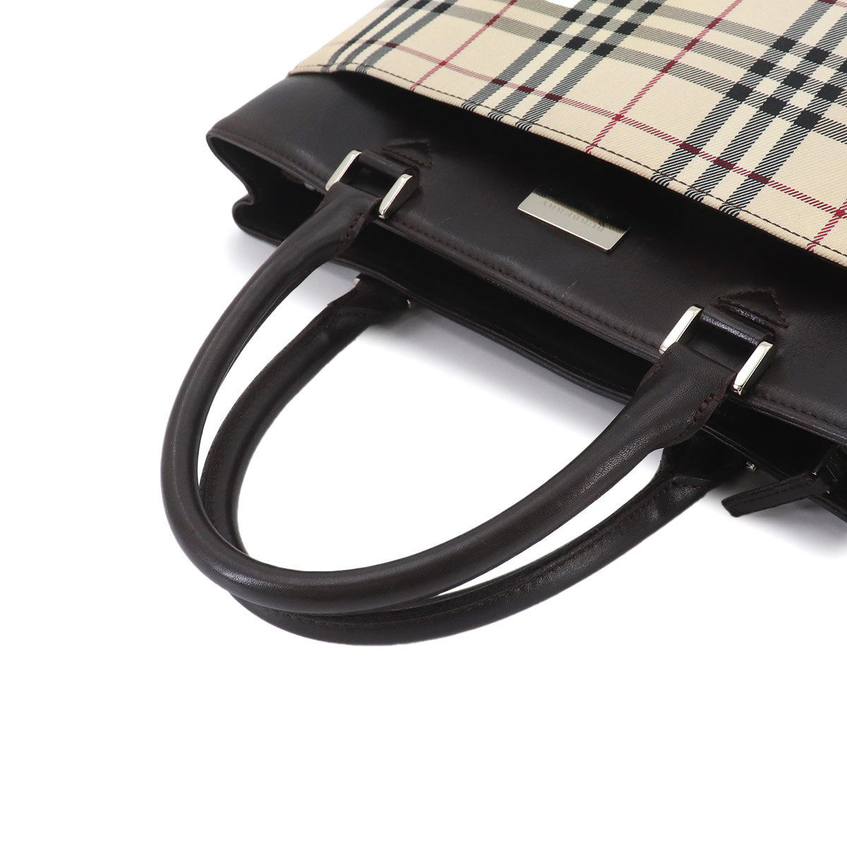 Plaid Hand Bag Canvas Leather Beige Dark brown Purse