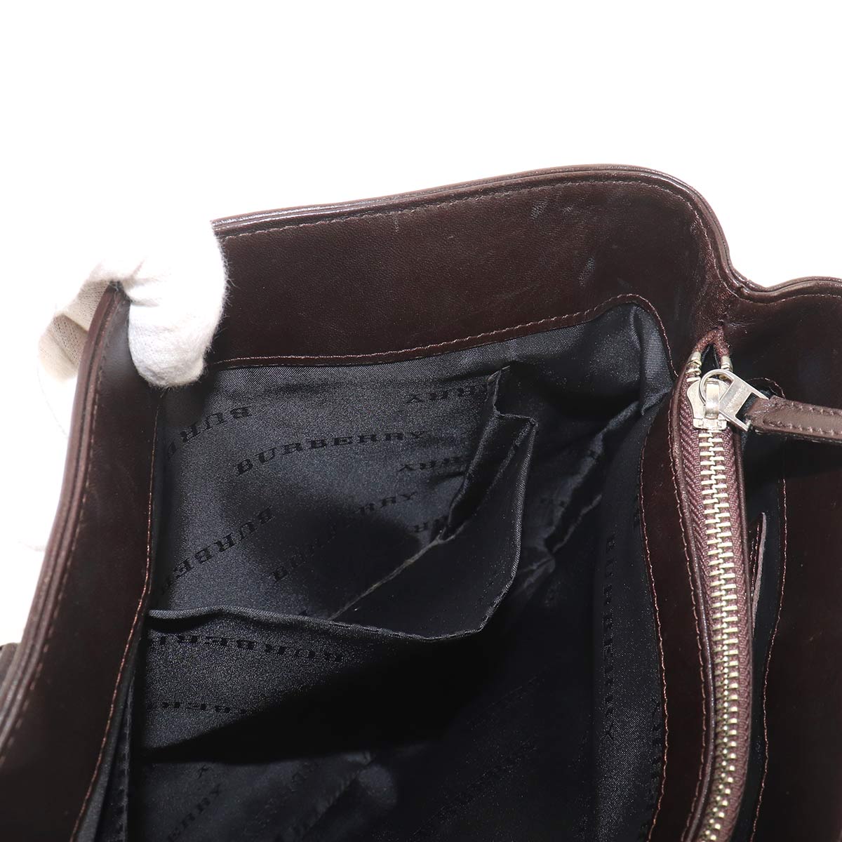 Plaid Hand Bag Canvas Leather Beige Dark brown Purse