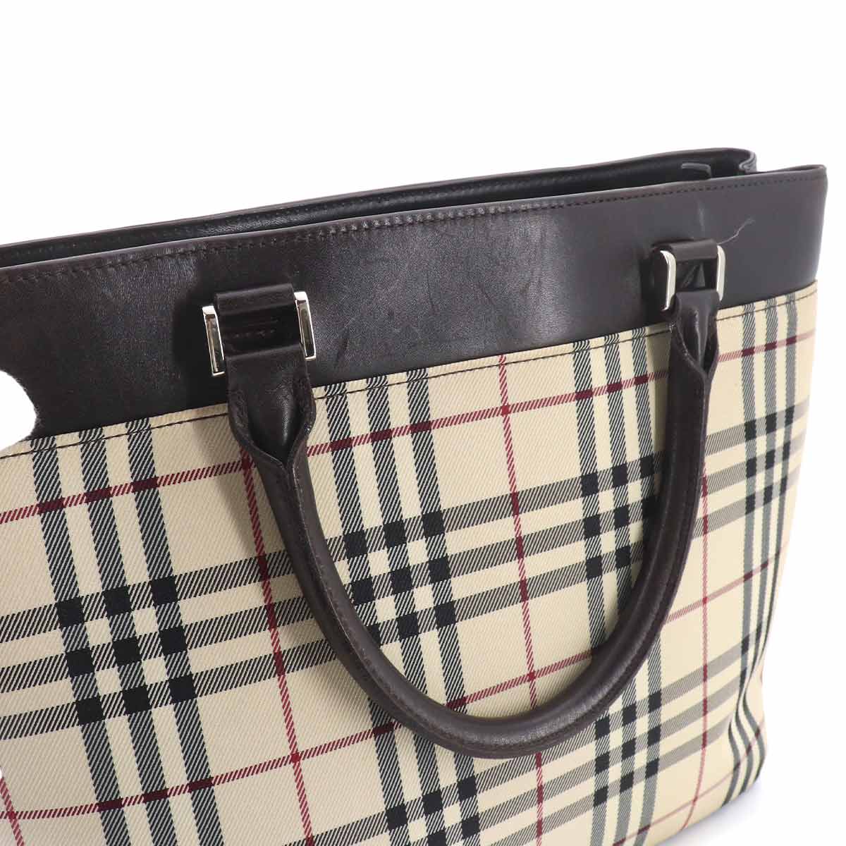 Plaid Hand Bag Canvas Leather Beige Dark brown Purse