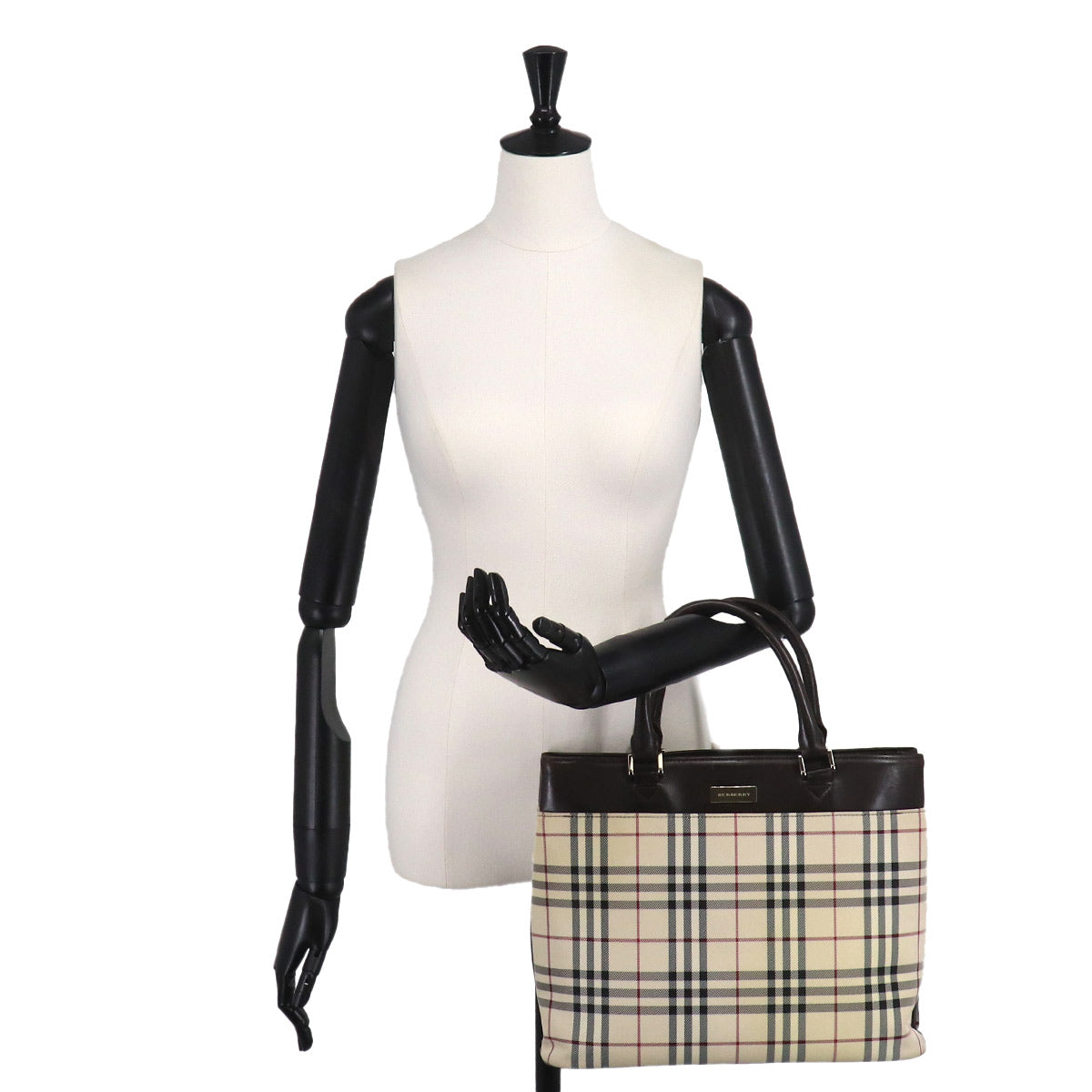 Plaid Hand Bag Canvas Leather Beige Dark brown Purse