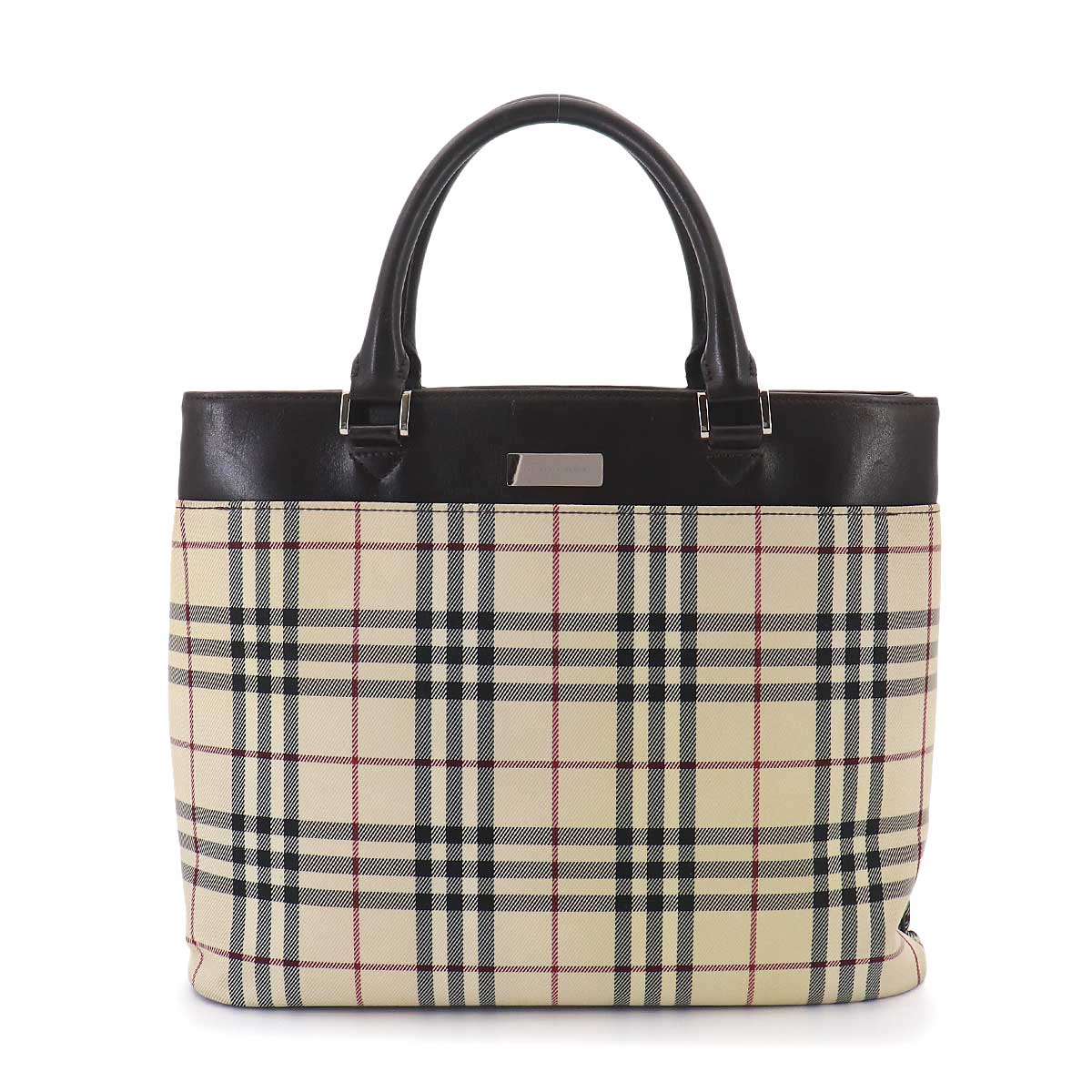 Plaid Hand Bag Canvas Leather Beige Dark brown Purse