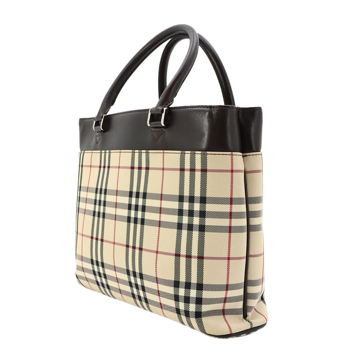 Plaid Hand Bag Canvas Leather Beige Dark brown Purse
