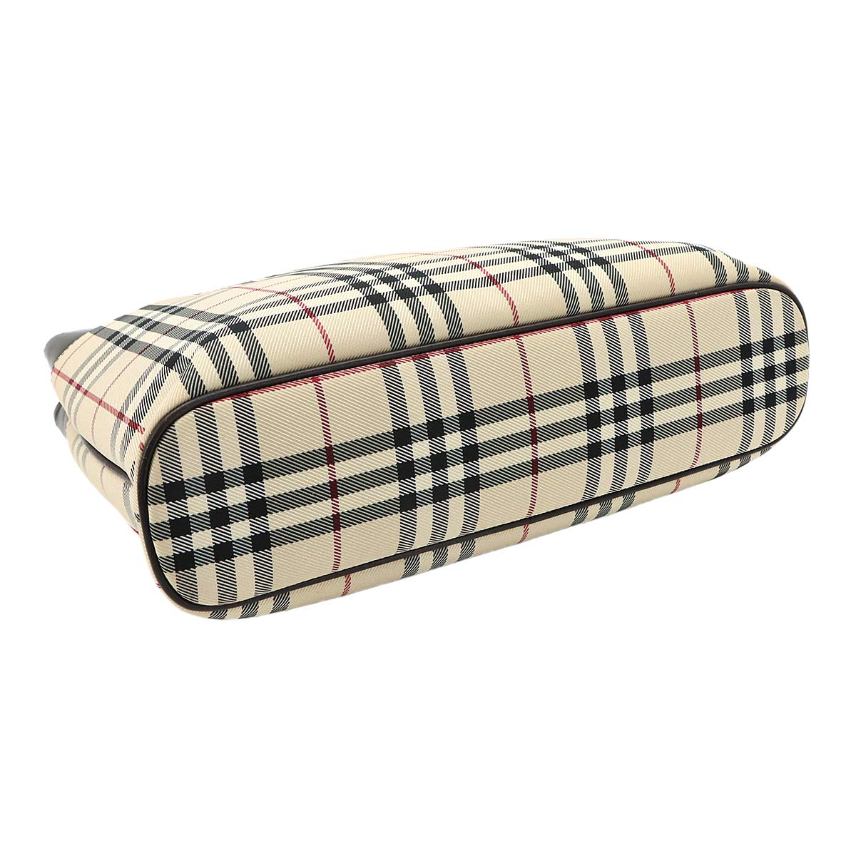 Plaid Hand Bag Canvas Leather Beige Dark brown Purse