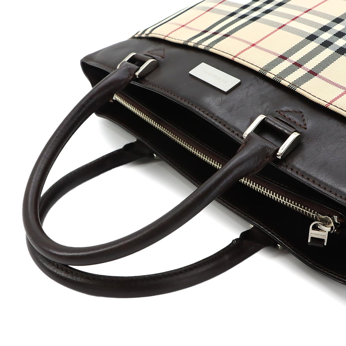Plaid Hand Bag Canvas Leather Beige Dark brown Purse