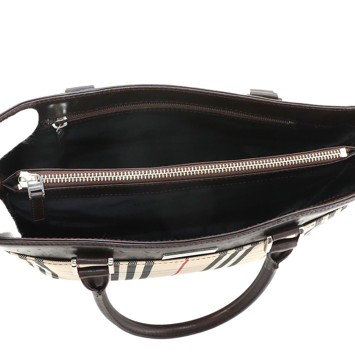 Plaid Hand Bag Canvas Leather Beige Dark brown Purse