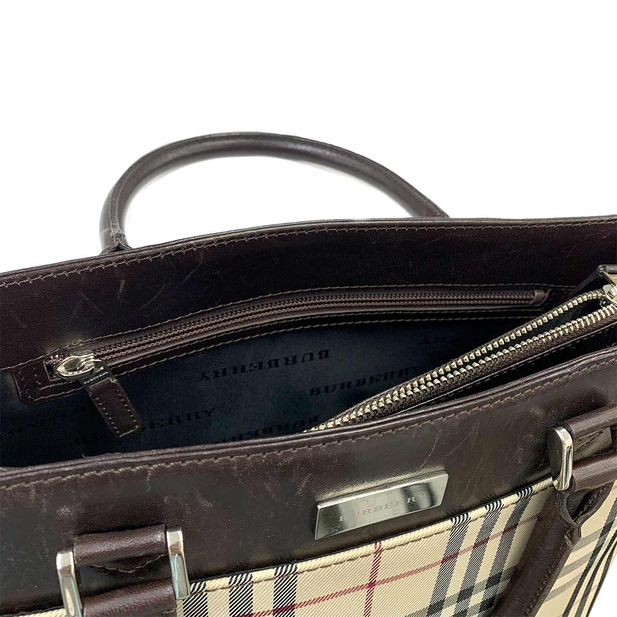 Plaid Hand Bag Canvas Leather Beige Dark brown Purse