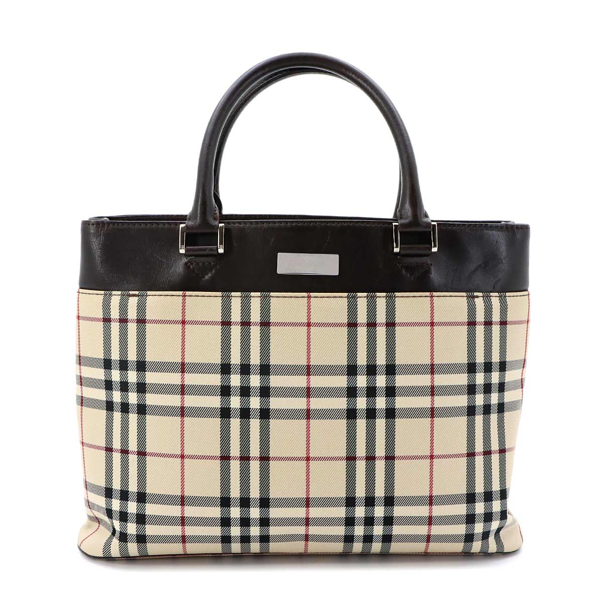 Plaid Hand Bag Canvas Leather Beige Dark brown Purse